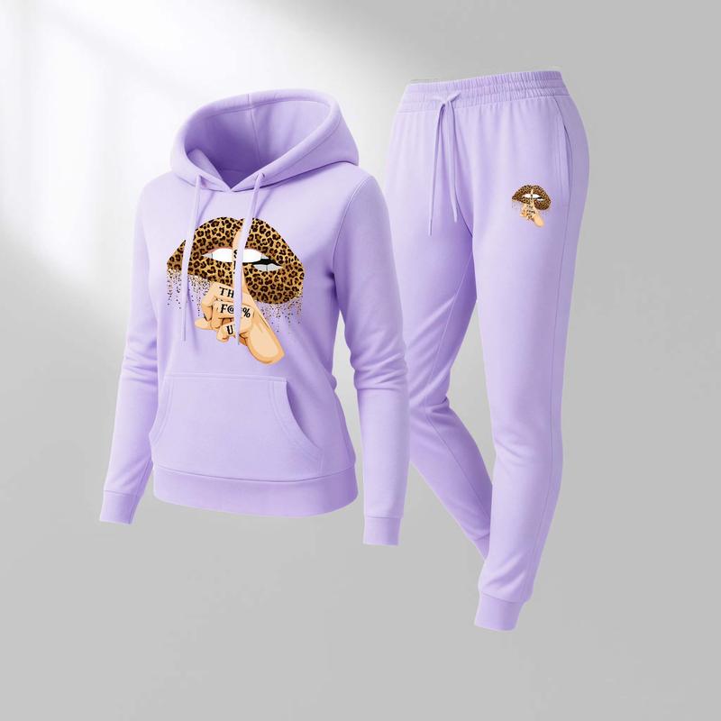 Women's Leopard Print Sexy Lips Print Hoodie And Drawstring Track Pants Set, Casual Sportswear, Long-Sleeved Hooded Jacket And Pants, Suitable For Autumn And Winter, Everyday Wear, Indoor And Outdoor Sportswear, Casual Sportswear.