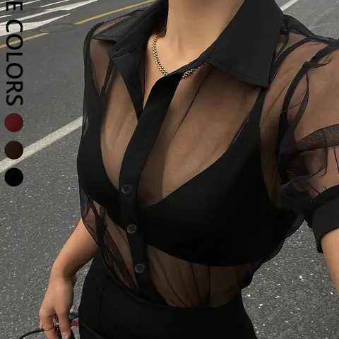 Women's Minimalist Sheer Mesh Chiffon Short Sleeve Shirt Blouse, Business Casual Top, Lightweight Breathable Design, Perfect for Daily Wear