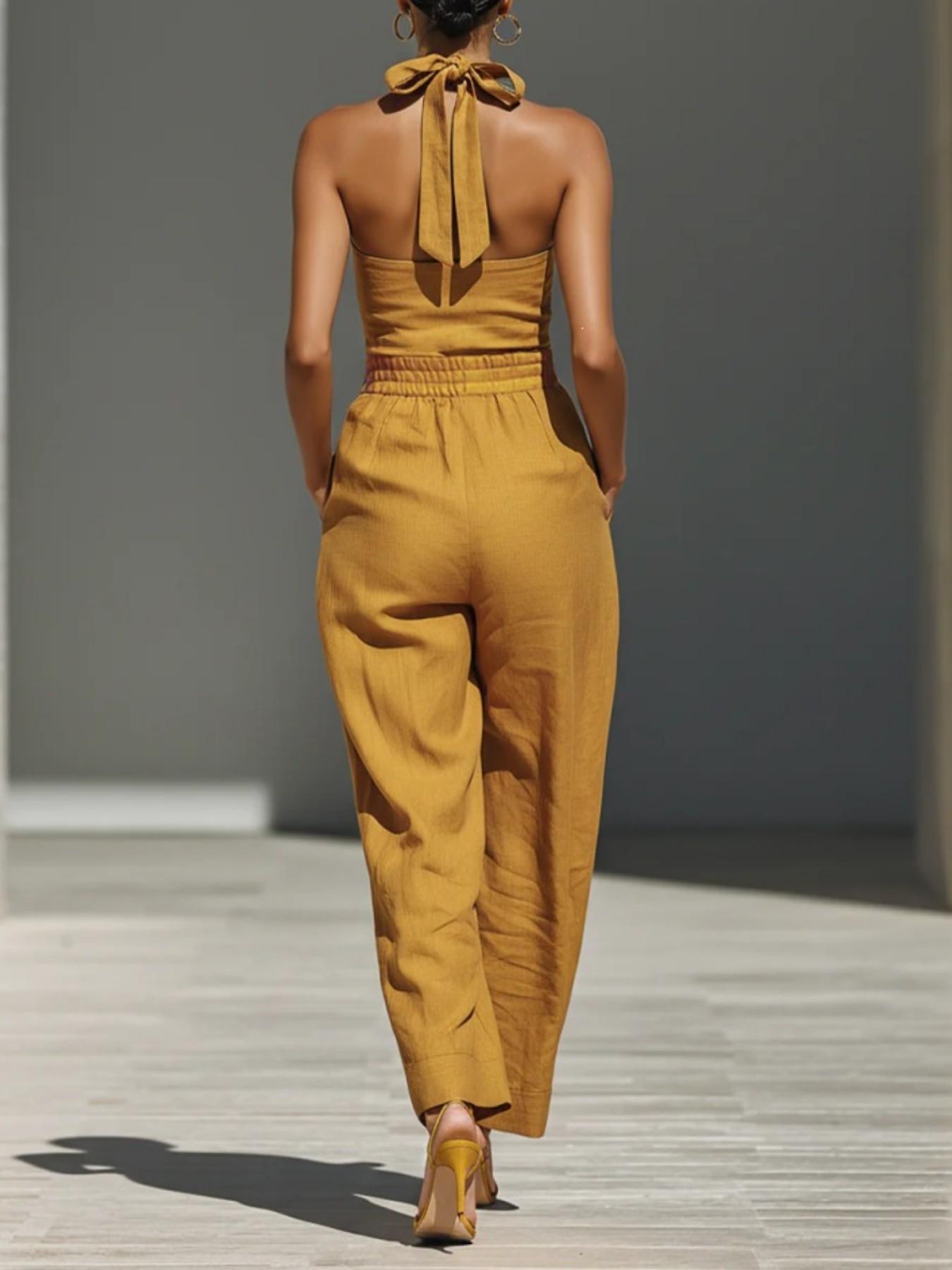2026 Summer New Solid Color Cross Halter Neck with Pockets Loose Fit Women's Romper, Stylish and Comfortable One-Piece