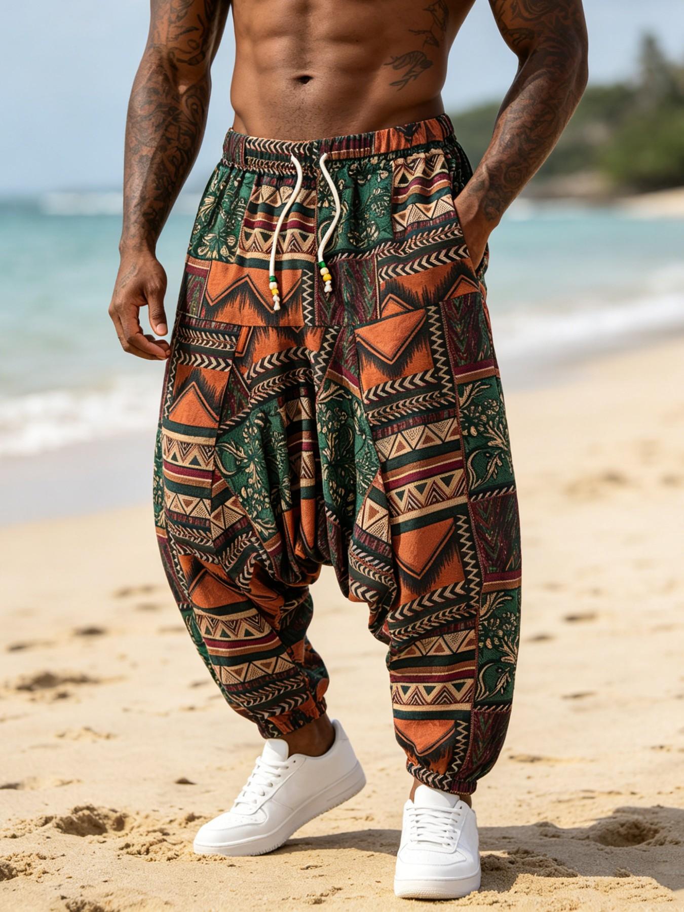 Men's Aztec Print Harem Pants, Elastic Waist Baggy Casual Trousers, Ideal for Beach Vacation, Streetwear & Yoga, Bohemian Boho everyday wear lightweight on trend bottoms bodycon street style