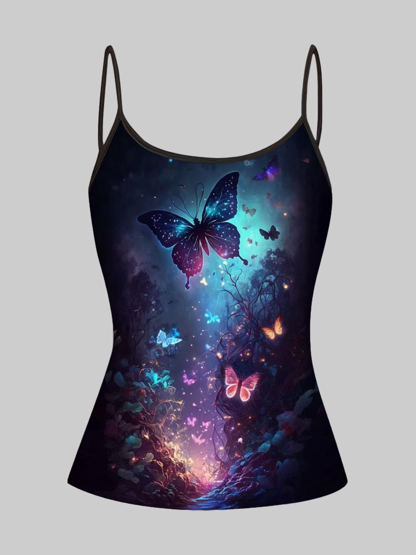 Dark Night Fluorescent Butterfly Print Halter Top, Summer Home Sleepwear Outer Wear, Unique Slim Fit Top Set of Four Pieces
