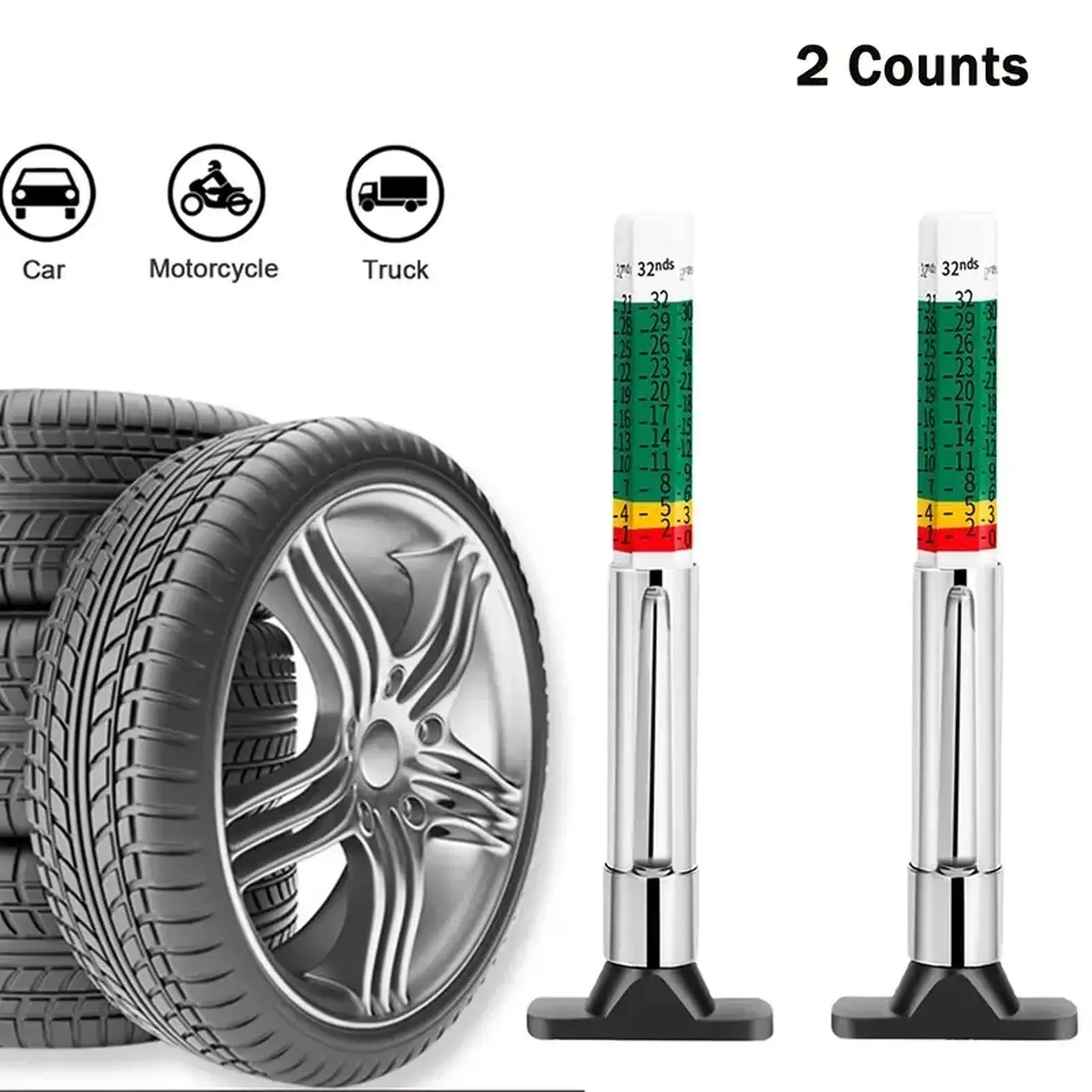 1‑2 Pack 25mm Vehicle Tyre Wear Measuring Tool with Multi‑Zone Visual Scale, Dual‑Scale Gauge Reads Millimeters & 32nds, Universal Auto Tire Wear Inspection Tool