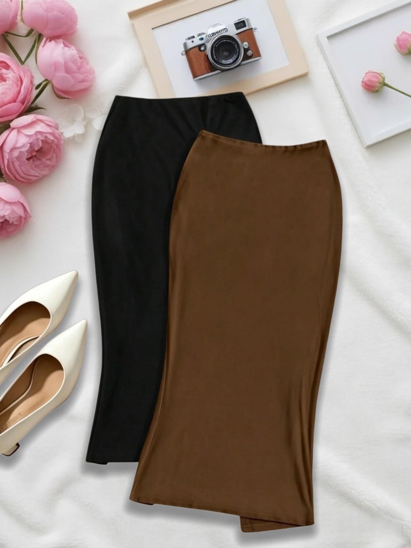 Two-Piece Punk Style Side Pleated Midi Skirt, Elastic Waist, Split Design, Office Wear, Fish Tail Butt Lift Skirt, Aesthetic, Fashion, Bottom