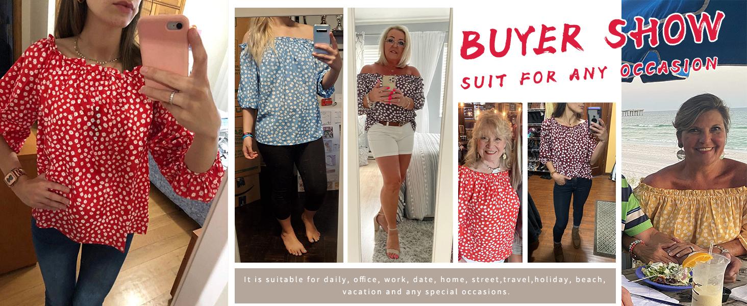 Cicy Bell Womens Summer Off Shoulder Blouse Floral Print 3/4 Sleeve Casual Chiffon Tops Shirts