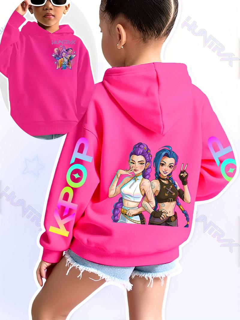 Girls Kpop Demon Hunters Graphic Casual Hoodie, Star Girl Group Pattern, Casual Fit, Autumn Winter Elastic Fabric, Christmas Gift, Fashion School Uniform