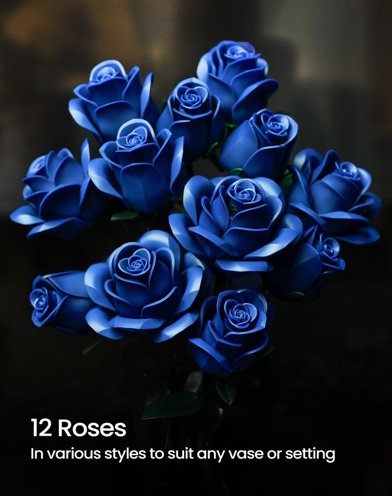 Supreowls Blue Rose Bouquet Building Set, Botanical Collection Blocks Kit for Adults and Women, Elegant Gothic Artificial Flowers for Home Decor, Ideal for Valentine’s Day & Halloween & Christmas Gift