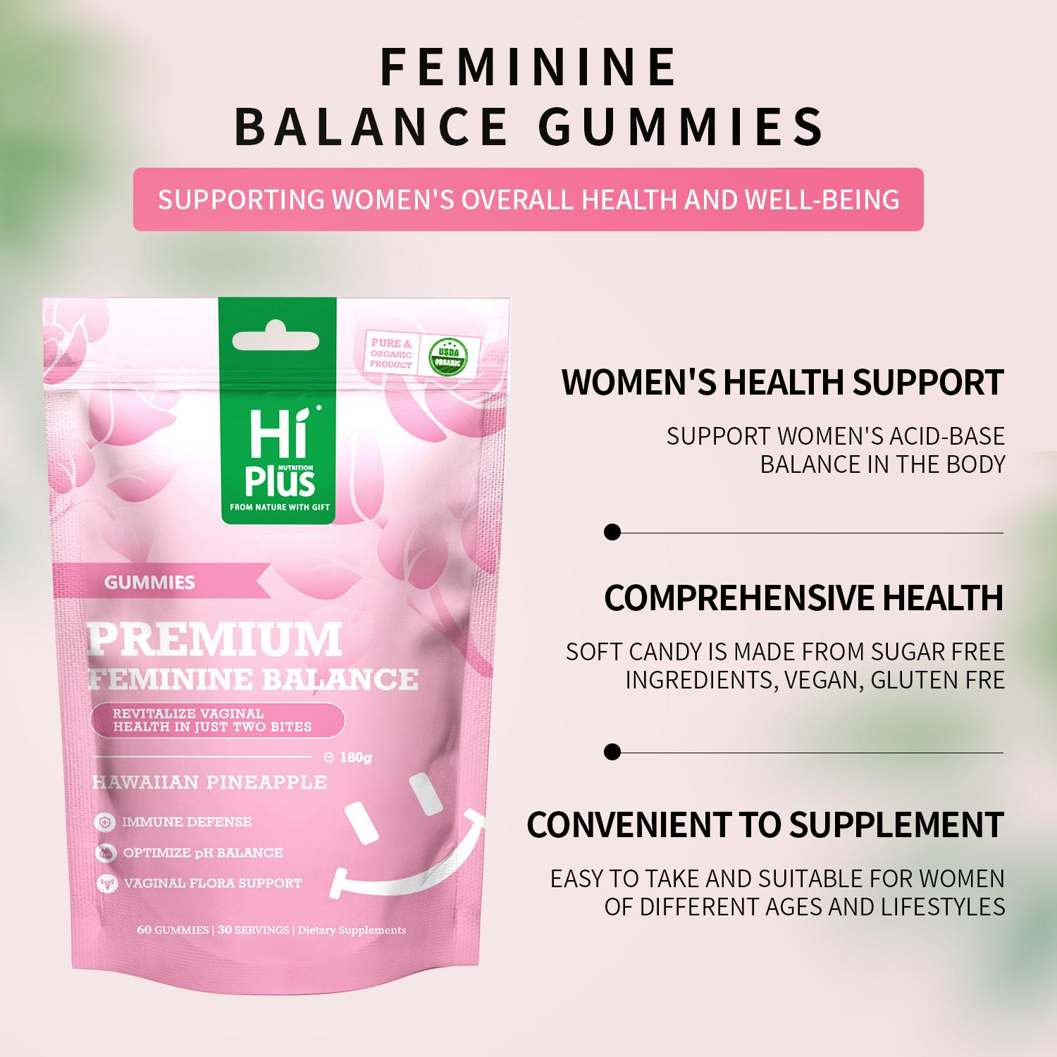 HiPlus Premium Edible Daily Natural Chewable Feminine Balance Supplement Gummies for Women’s Health & Wellness, Immune Support, Vegan, Gluten-Free, Hawaiian Pineapple Flavor, 60 Gummies (30 Servings)