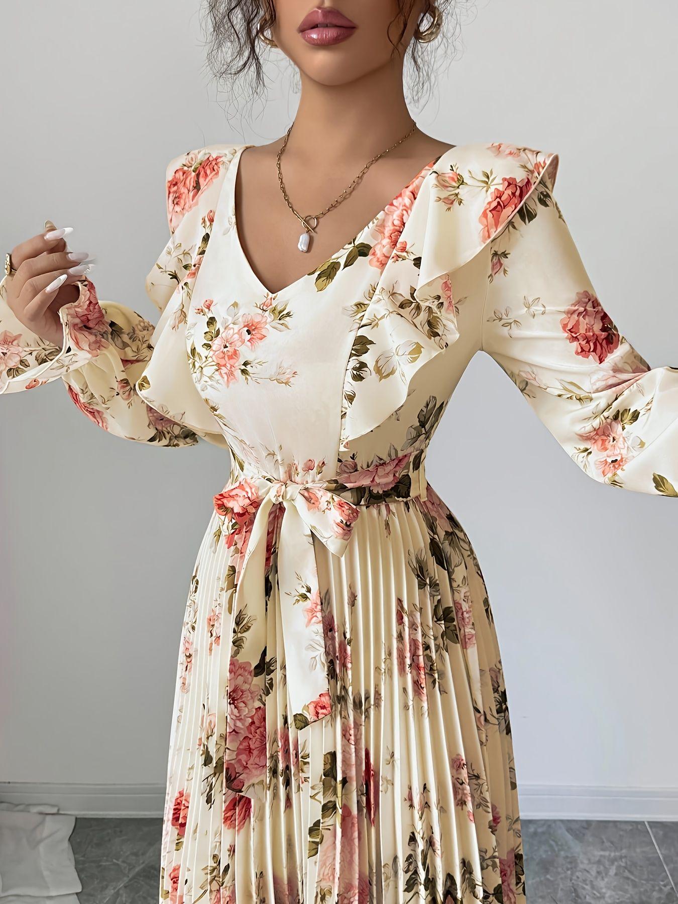Elegant cross-border French vintage rose print long dress with a waist-cinching design that accentuates a slim figure, featuring a V-neck, ruffled long sleeves, and a pleated large hem skirt