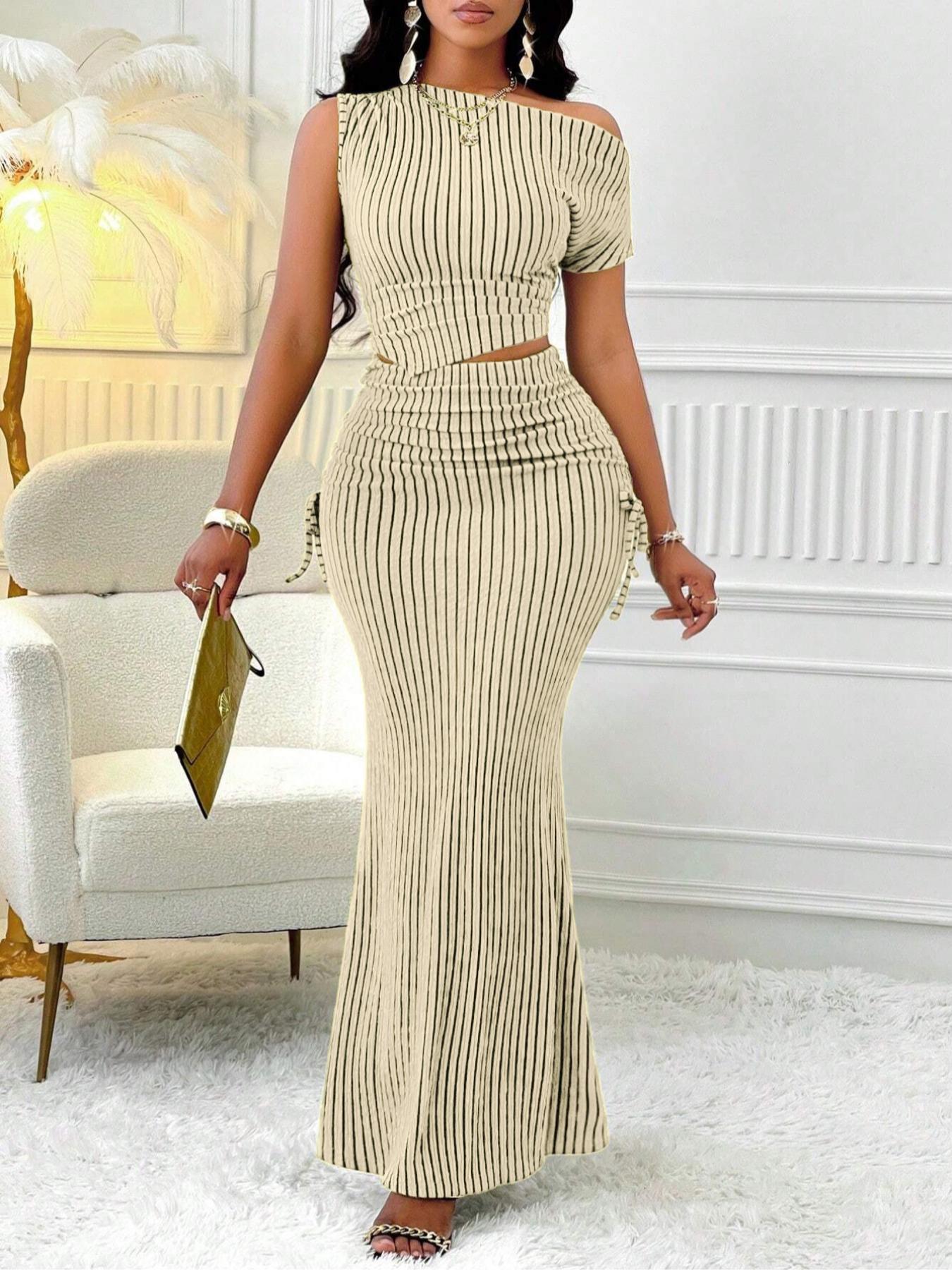 Women's Two-Piece Set, Striped Short Sleeve Asymmetrical Shoulder Top and High-Waisted Skirt, Casual, Fashionable and Body-Conscious, Summer Outfit Set, Clothes