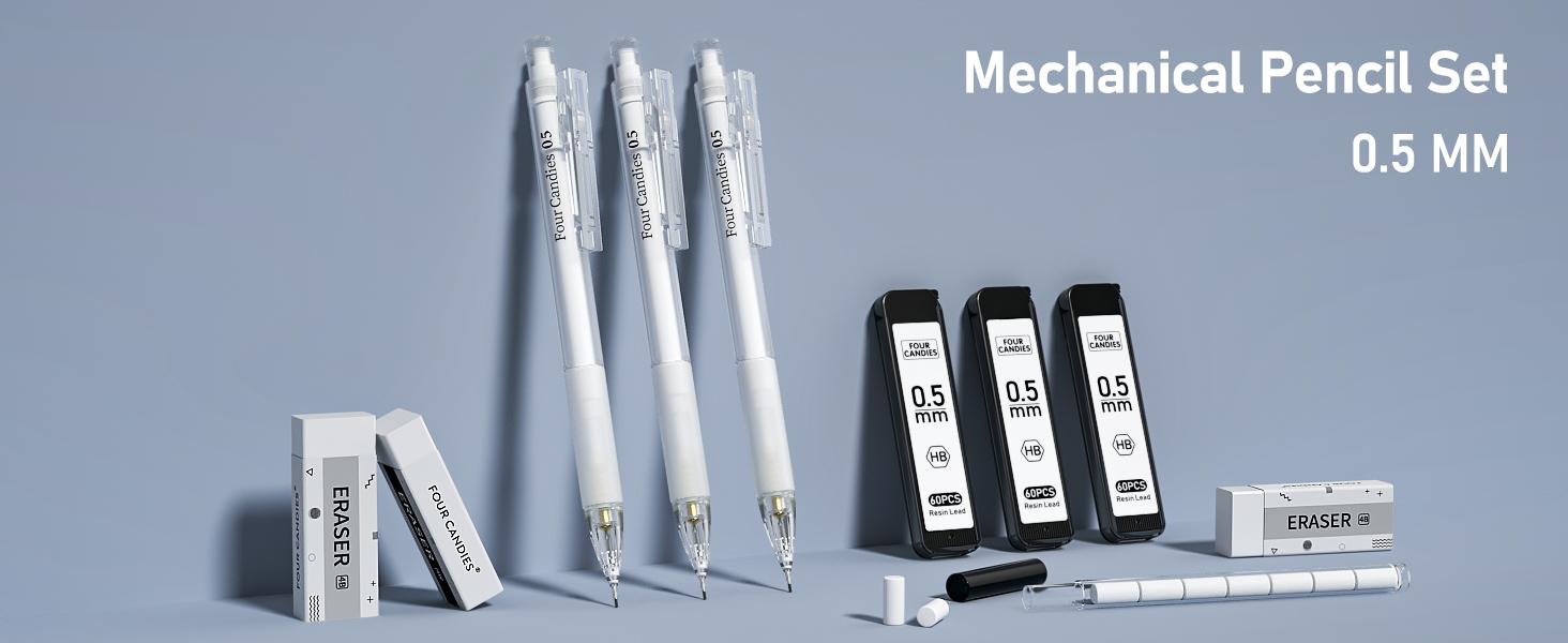 Four Candies Mechanical Pencil Set with Case - 3PCS Cute Pencils 0.5mm/0.7mm with 180PCS HB Lead Refills, 3PCS Erasers & 9PCS Eraser Refills, White Clear Mechanical Pencil for Students Drawing, Writing