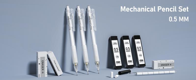 Four Candies Mechanical Pencil Set with Case - 3PCS Cute Pencils 0.5mm/0.7mm with 180PCS HB Lead Refills, 3PCS Erasers & 9PCS Eraser Refills, White Clear Mechanical Pencil for Students Drawing, Writing