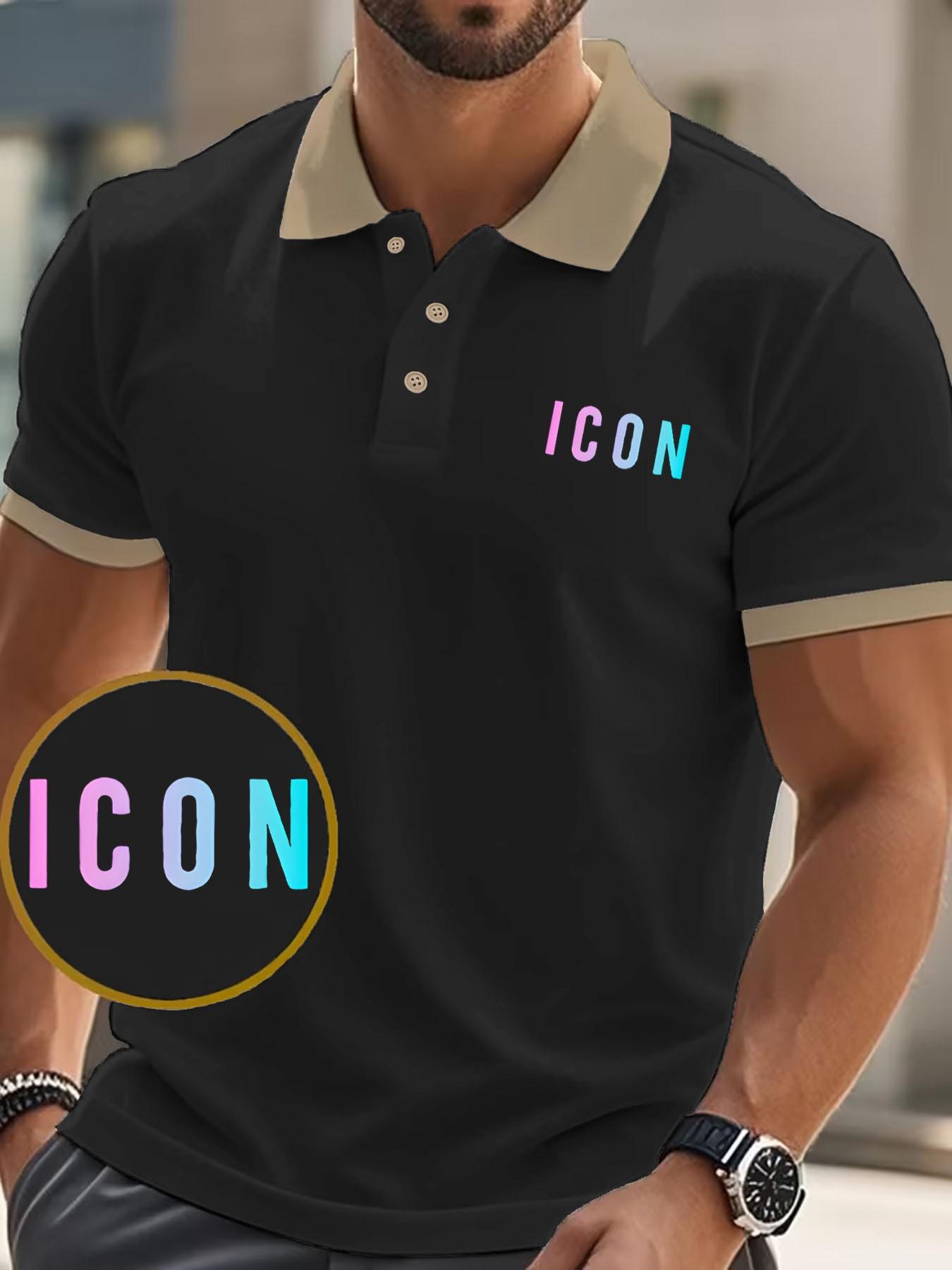 Trendy Versatile Golf Shirt, Summer Men's Retro Icon Logo Polo, Collar Button Casual Top, Short Sleeve Slim Fit, Spring & Fall