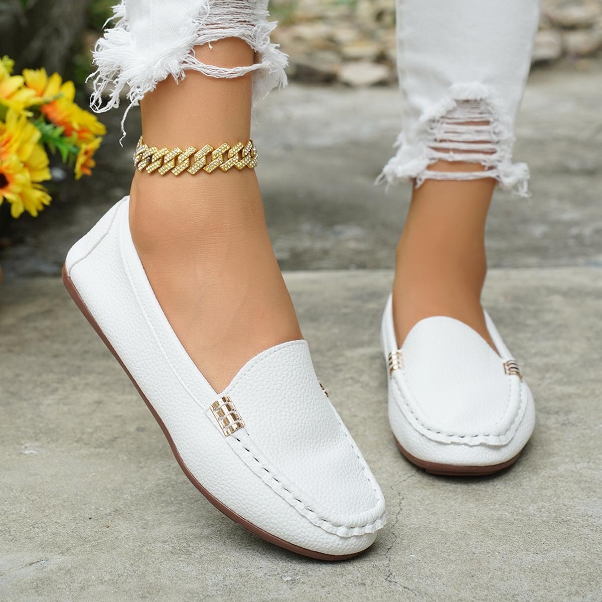 Women's Classic Plain Low Heel Shoes, Fashionable and Sexy, High-End Slant Metal Chain Decoration, Comfortable Casual Loafers, Slip On Shoes