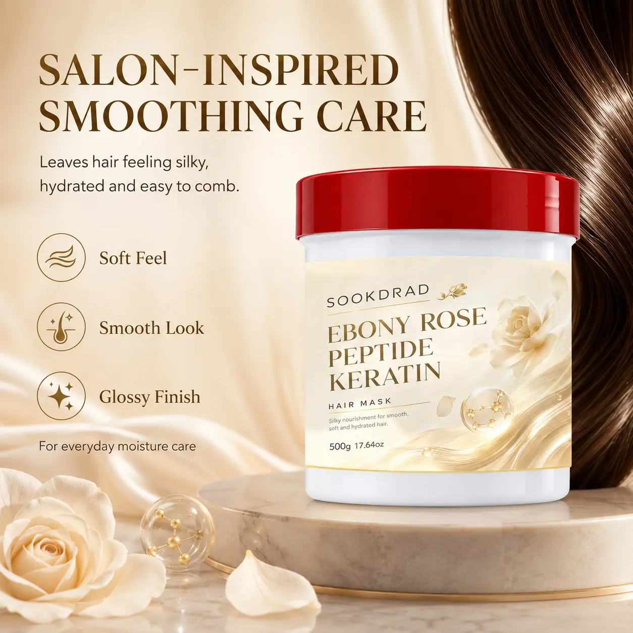 Ebony Rose Peptide Keratin Hair Mask, silky nourishment, smooth hair, soft hair, hydrated hair, hair care, 500g