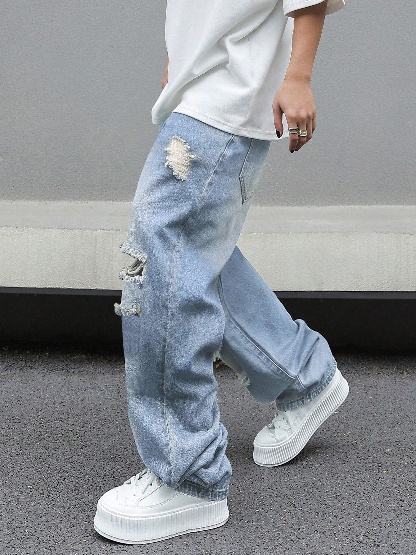 Men's Trendy Loose Fit Denim Jeans, American Vintage Ripped Casual Wide Leg Flared Jeans, Spring Summer 2026 Fashion