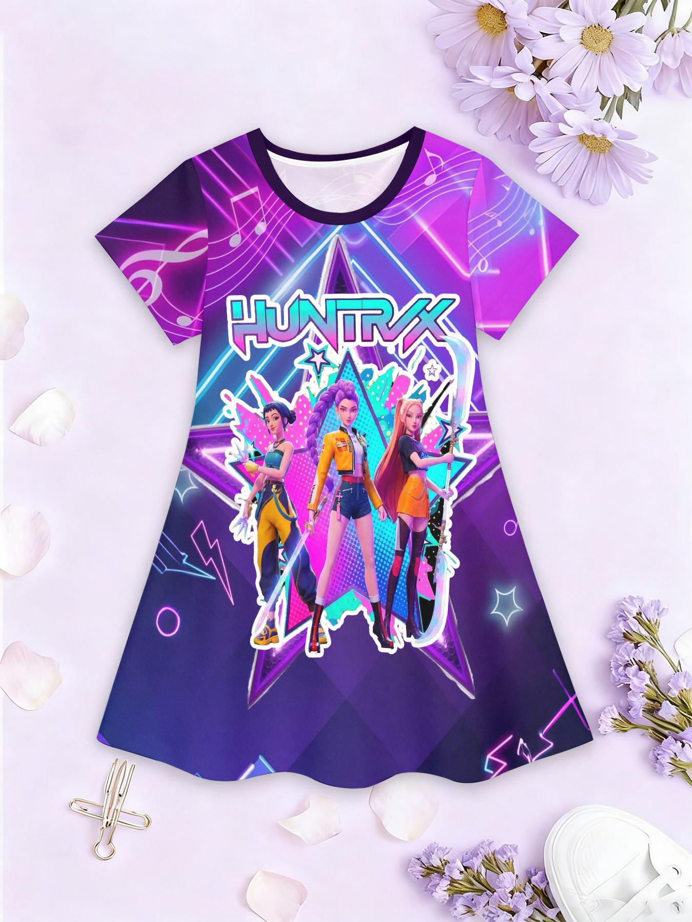 Girls' 3D Short Sleeve Dress, K-Pop Demon Hunters Neon Stage Print, Summer Party Wear, Perfect for Gifts and Birthdays