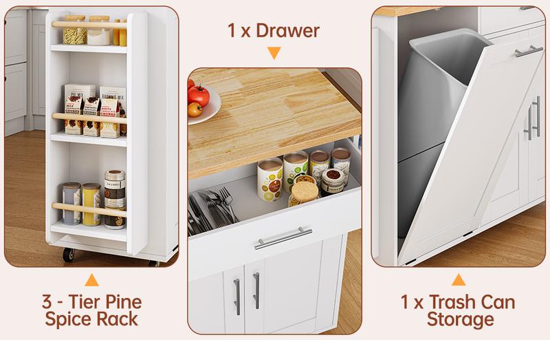 Kitchen Island with Storage, 31.5" D Rolling Kitchen Cart on Wheels with Widen Drop Leaf Rubberwood Top, Large Mobile Kitchen Island with Trash Can Storage and Towel Bar, Black