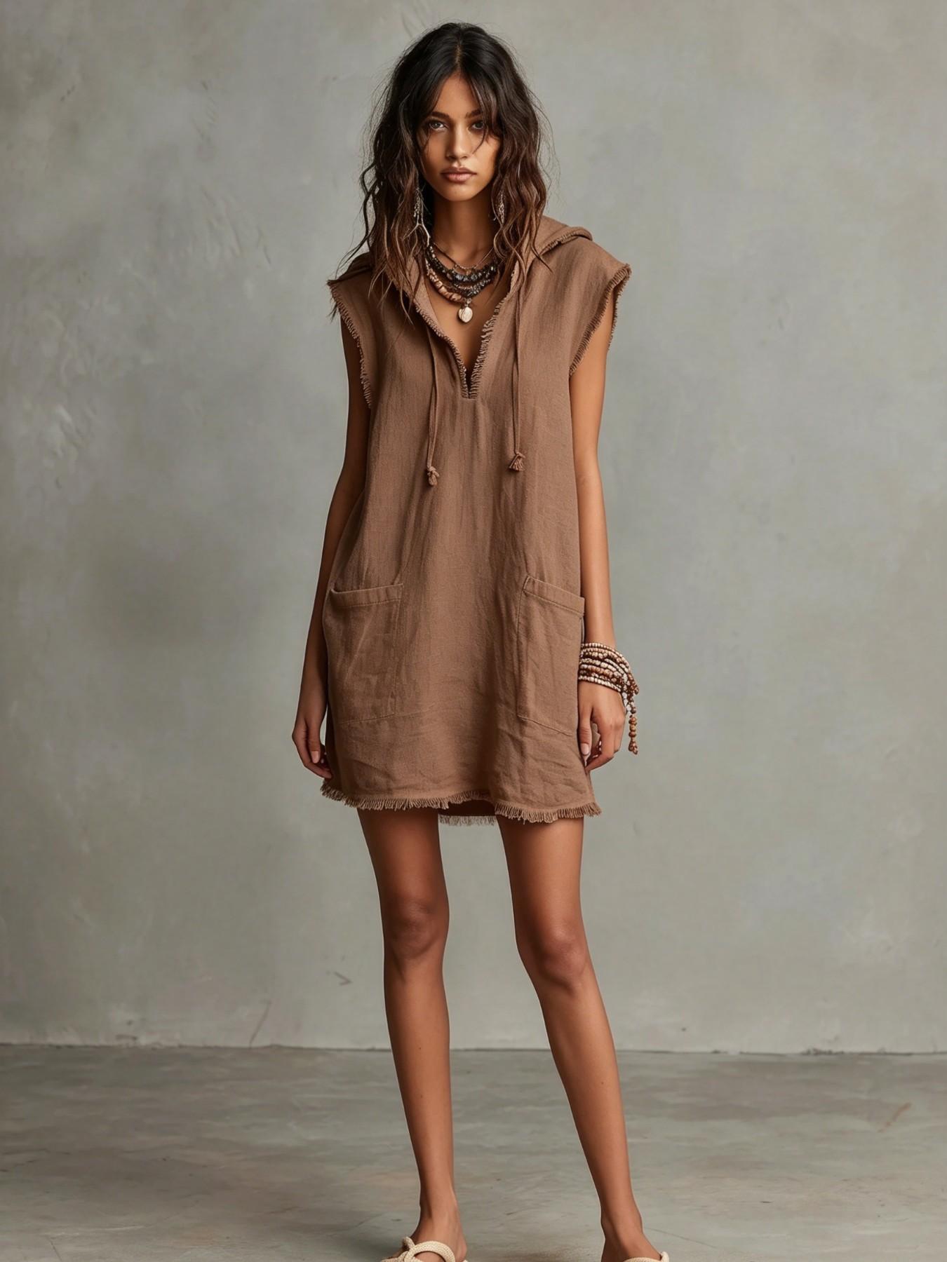 Minimalist Lightweight Linen Blend Sleeveless Dress with Hat, Summer V-Neck Frayed Edge Short Mini Dress, Women's Vacation