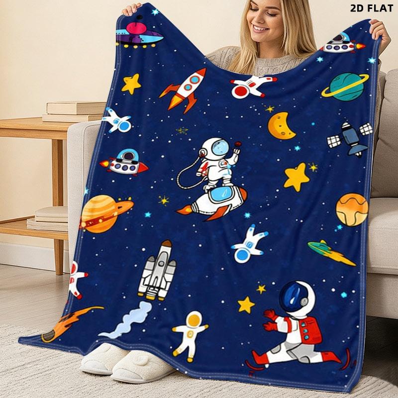 Space - themed Printed Throw Blanket, Single - sided Printed, Multiple Specifications Available, Soft Comfortable for Nap/Indoor Use, Whimsical Astronaut Rocket UFO Design, Ideal for Relaxing & Decorating