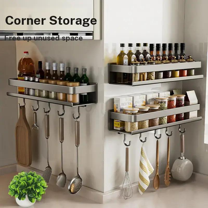 Wall-Mounted Kitchen Storage Rack, No-Drill Spice Organizer, Oil Salt Sauce Vinegar Holder, Household Items Collection, Easy Installation