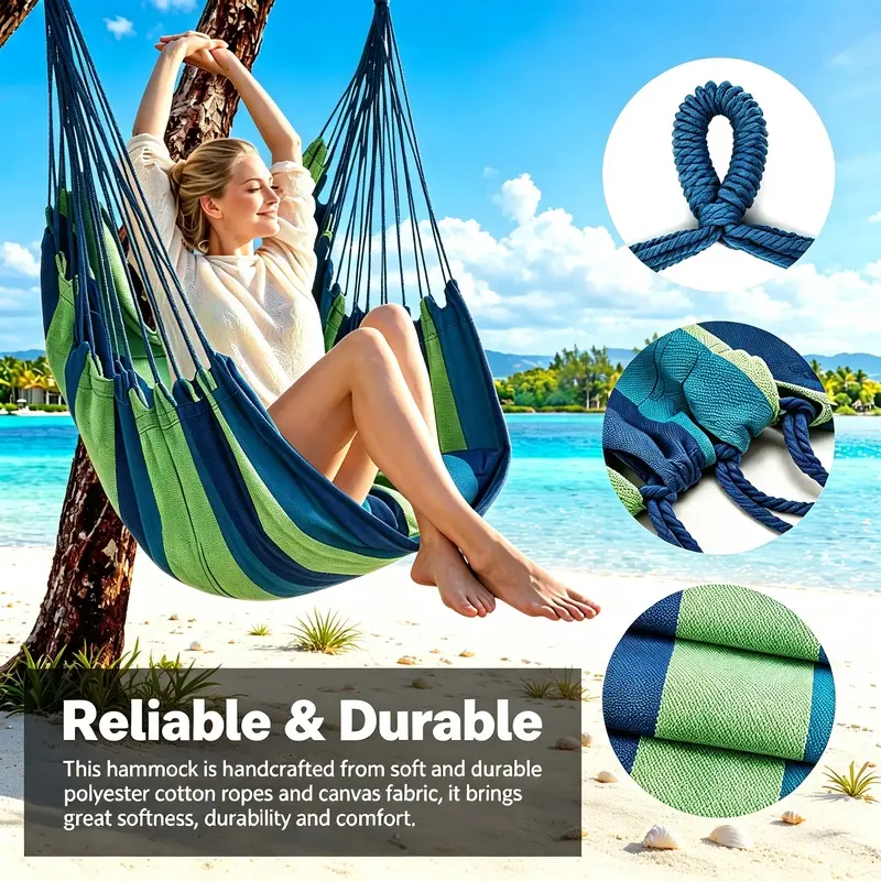 Striped Canvas Hanging Swing Chair - 330 LBS Capacity, 2 Hanging Ropes, Side Pocket, Storage Bag, Easy Setup Portable Patio Swing for Balcony Home