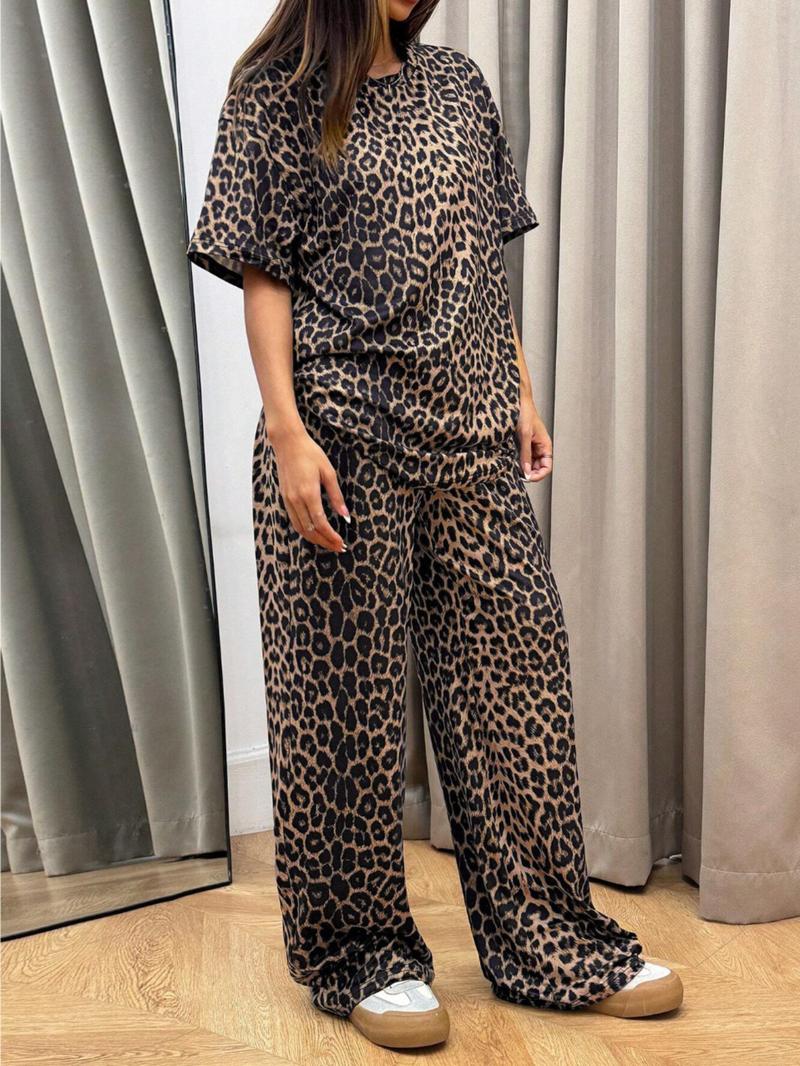 Women's Leopard Print Loungewear Two-piece Set, Elegant Casual Comfy Round Neck Short Sleeve Top & Elastic Waist Wide Leg Pants PJ Set for Indoor Outdoor Wear, Ladies Sleepwear for All Seasons, Matching Lounge Sets, Leopard Print Pajamas