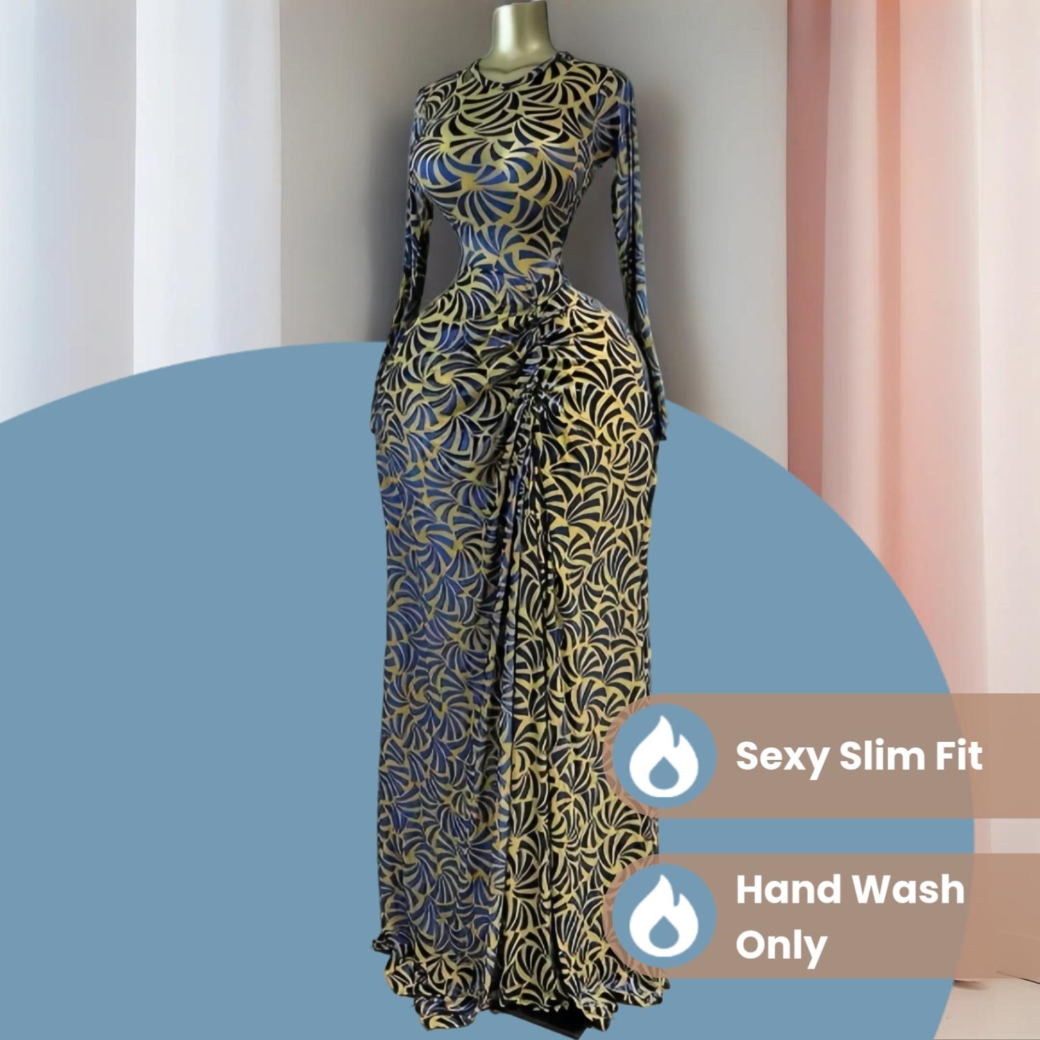 PULKRITU Elegant Women's Print Ruffle Stacked Long Prom Dress, Vacation Birthday Party Outfit Evening Gown, Female Fashion Music Festival Dress, Lady Mesh Sheer Slit Skirt, Evening Dresses