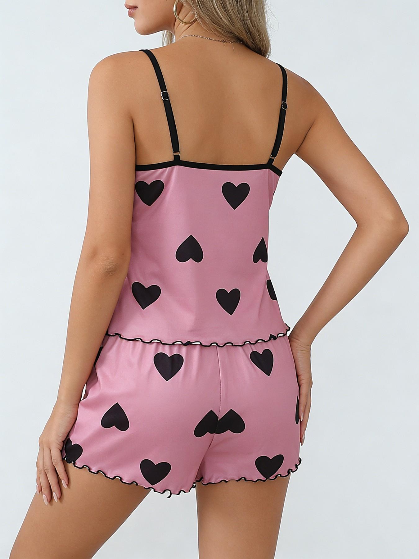 Aesthetic Pink Black Heart Pajama Set Women, Cami Top Shorts, Spring Summer Wearable, Heart Print, Relaxed Fit Loungewear