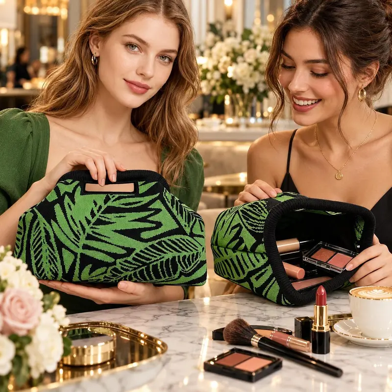 Women’s Green Leaf Cosmetic Bag, Large Capacity Makeup Organizer with Cutout Handle, Knitted Jacquard Travel Toiletry Pouch for Makeup, Skincare, Brushes and Daily Essentials, Portable Beauty Storage Bag for Women, Vacation and Home