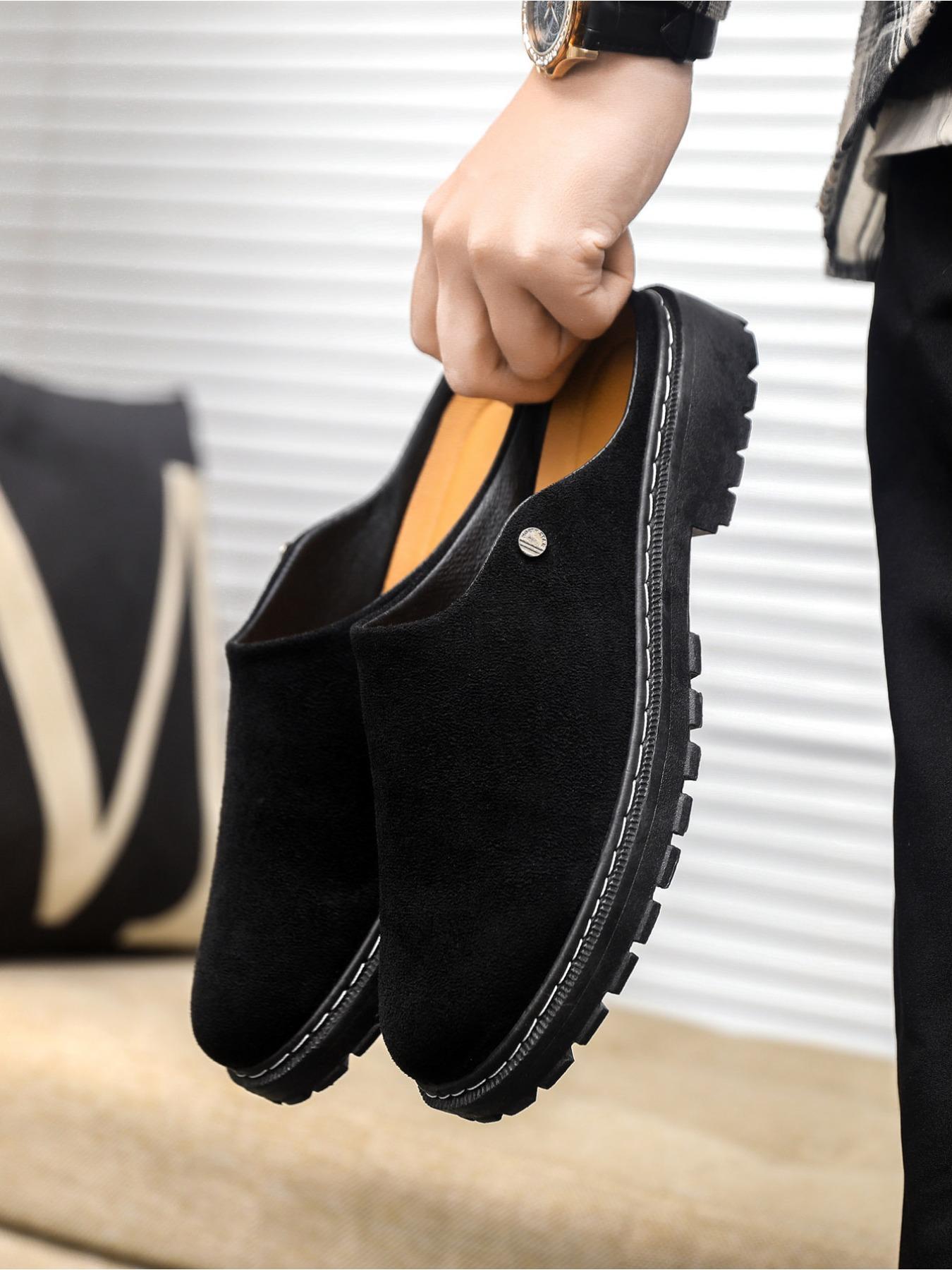 Black frosted toe cap mules - thick-soled, flat-heeled casual commuting men's loafers, Birkenstocks