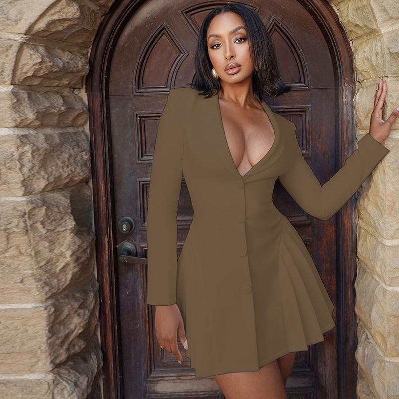 Women's Solid Deep V-Neck Pleated A-Line Dress, Elegant Button Front Long Sleeve Short Dress for Spring & Fall, Women's Clothing for Daily Wear