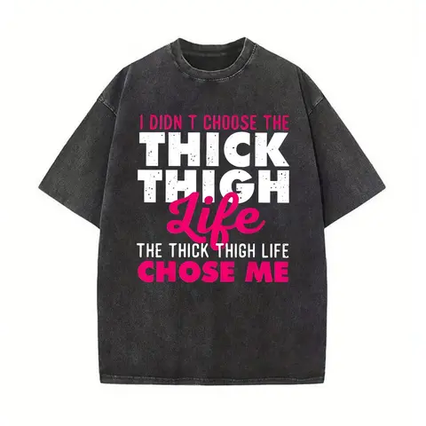Plus Size "Thick Thigh Life" Women's T-Shirt - Casual & Sporty, Short Sleeve, Round Neck, Polyester, Machine Washable, Available in Multiple Colors Black Crewneck.