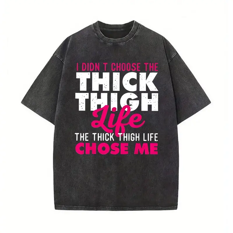 Plus Size "Thick Thigh Life" Women's T-Shirt - Casual & Sporty, Short Sleeve, Round Neck, Polyester, Machine Washable, Available in Multiple Colors Black Crewneck.