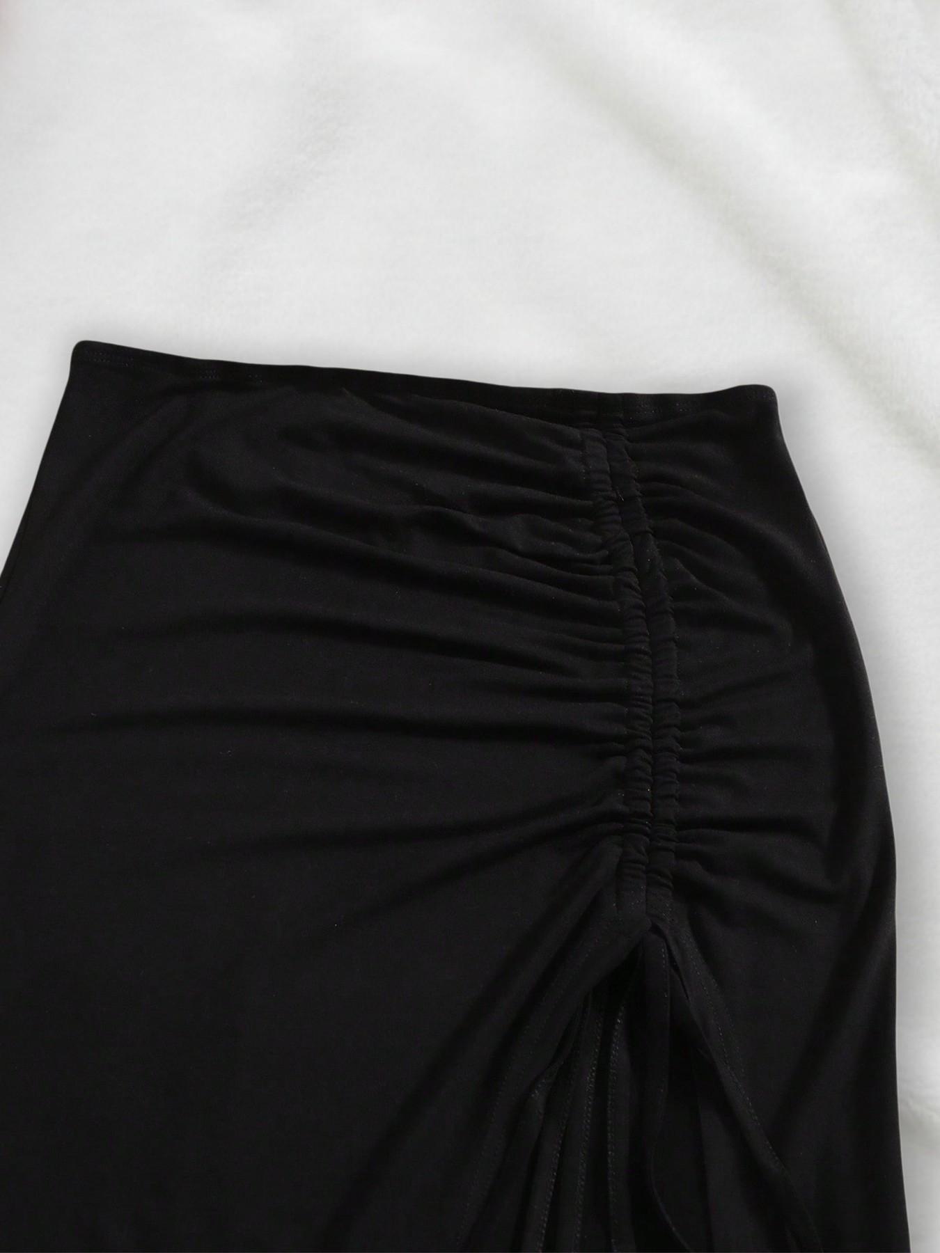 Two-Piece Punk Style Side Pleated Midi Skirt, Elastic Waist, Split Design, Office Wear, Fish Tail Butt Lift Skirt, Aesthetic, Fashion, Bottom
