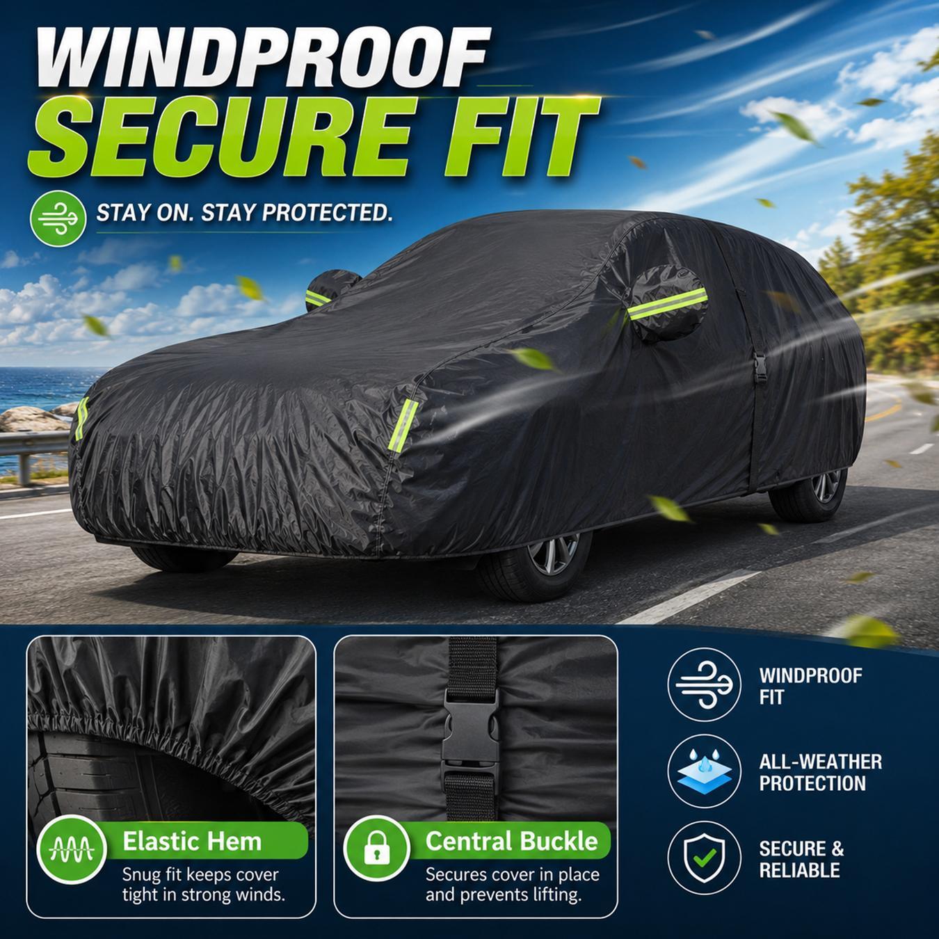 Weatherproof Car Cover with Reflective strip,Outdoor Full Coverage Heavy duty Thick Fabric (190t), Outdoor All Weather Windproof Scratch-Resistant,Heat-Resistant,Fits Various Cars,Dustproof UV protection car cover, Long-Term Outdoor Parking