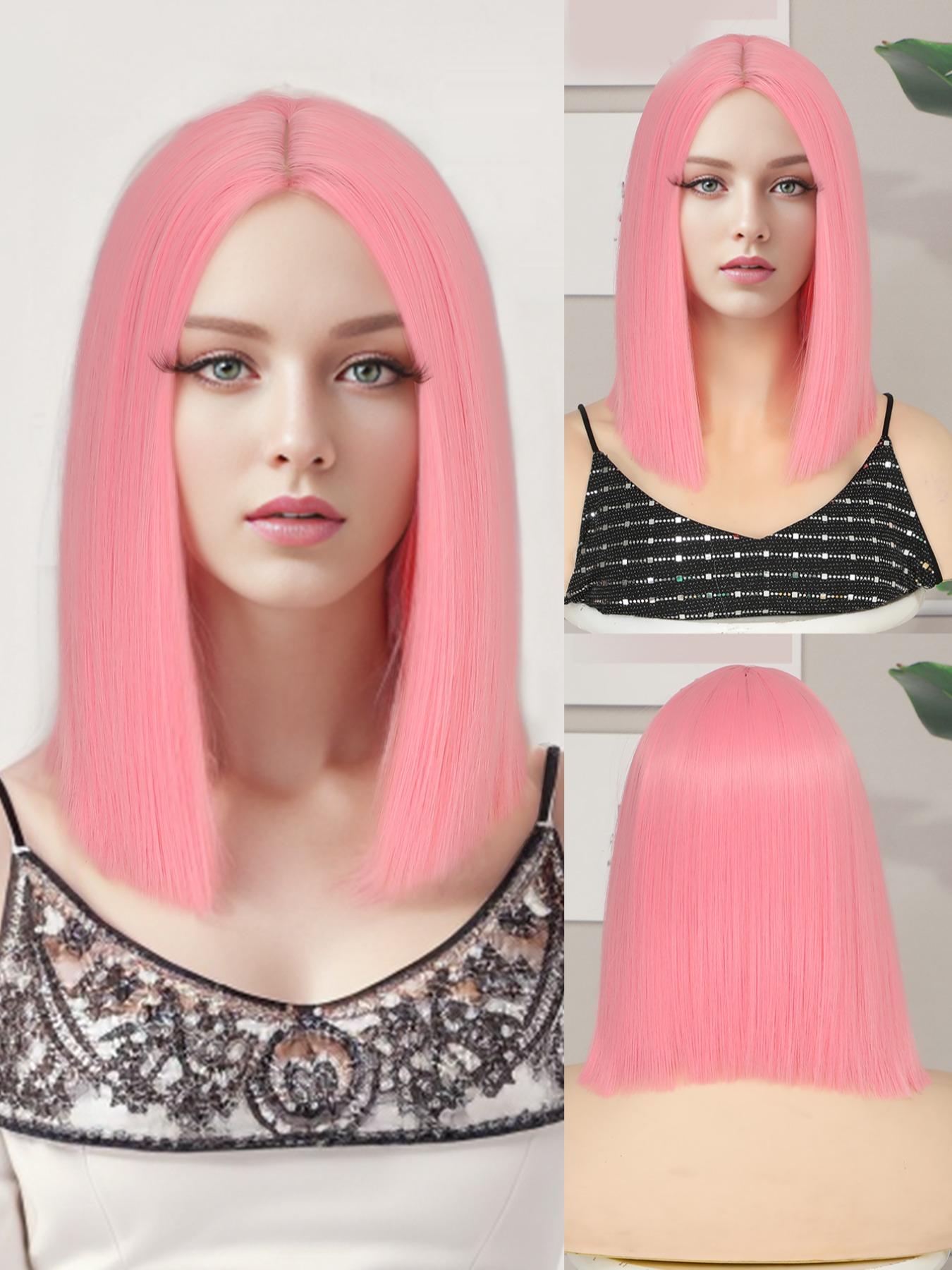 Cosplay Wig Hot pink Green Pink Black 12inch  Synthetic Hair Wig high temperature short Hair for women Middle part straight hair wig holiday Daily Fashion Style Synthetic Hair wig Woven hair wig for Halloween and Christmas