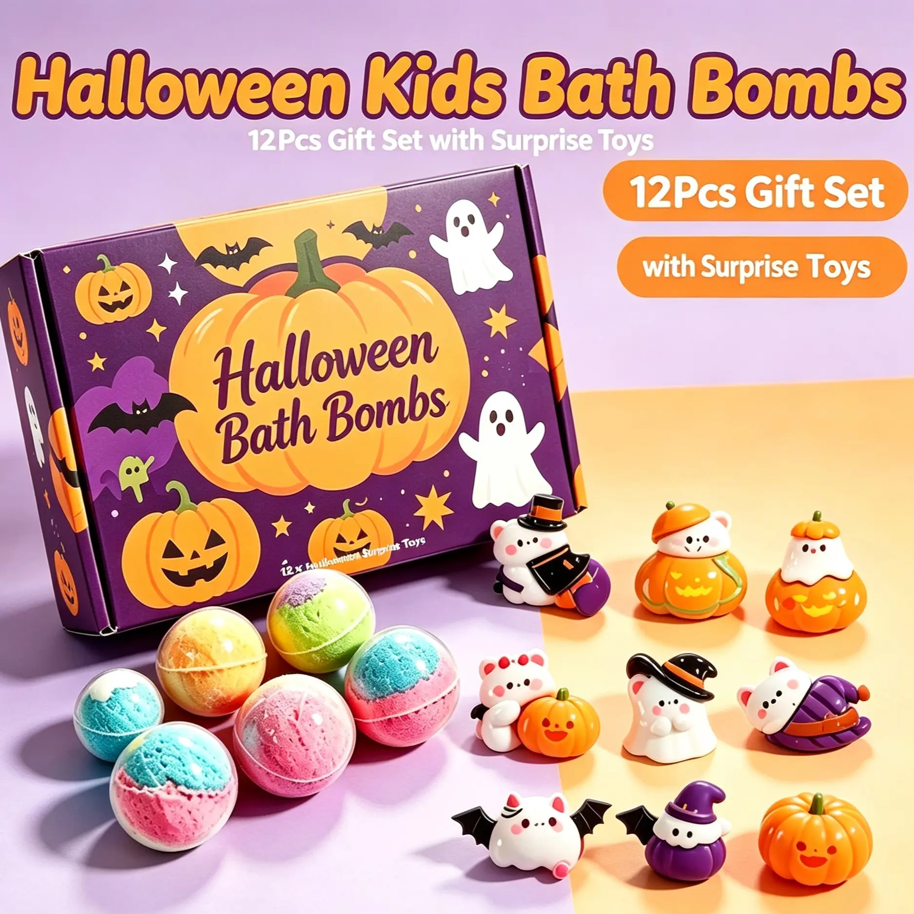 Halloween Pumpkin Ghost Essential Oil Bath Bomb, Kids Surprise Bubble Bath Ball Gift Box, Party Gift Bubble Bath Ball