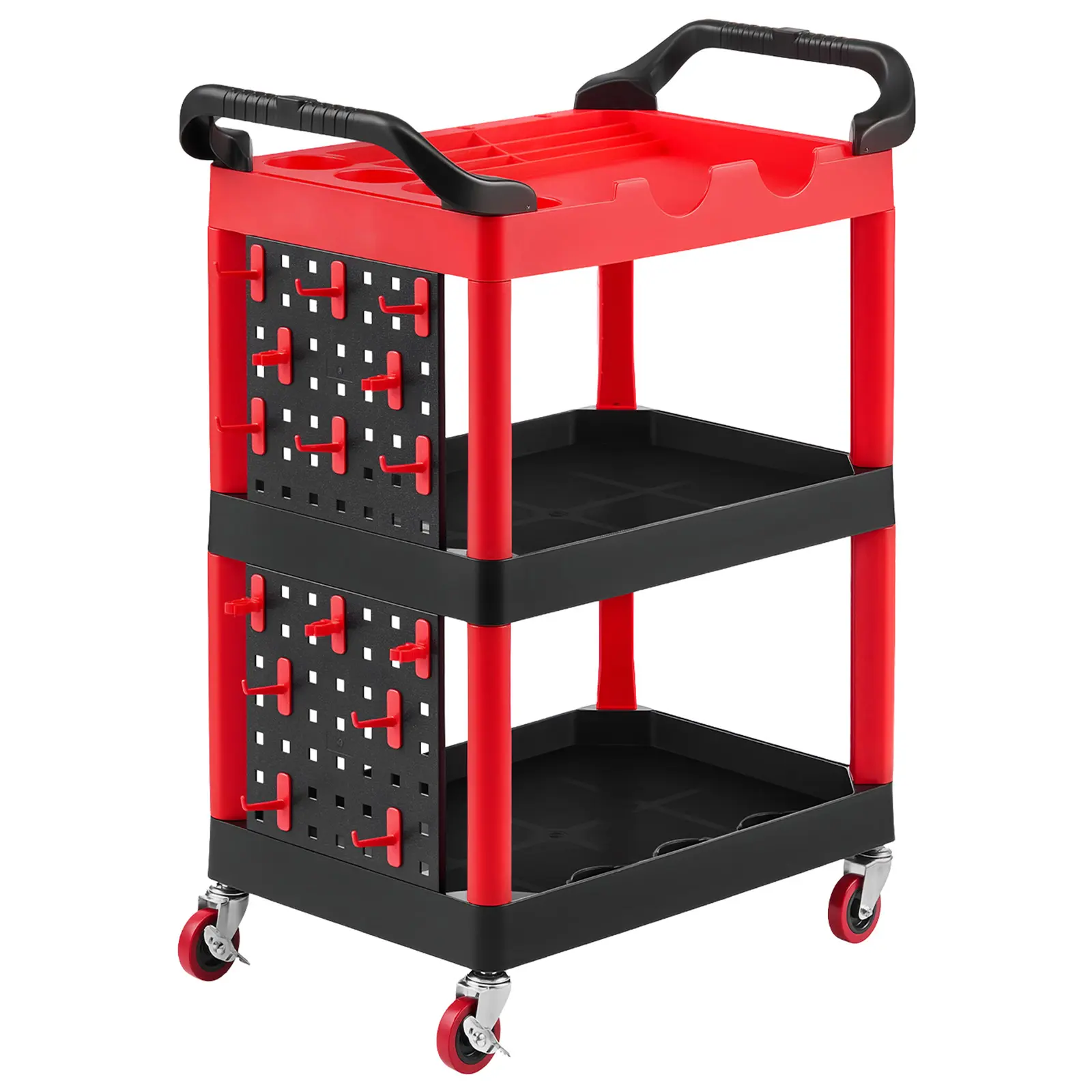 Utility Cart, 300 lbs Capacity, 3 Tier Service Cart with 360° Swivel Wheels (2 with Brakes), Heavy Duty Plastic Rolling with Trays and Pegboards, Tool Storage for Garage, Warehouse & Repair Shop