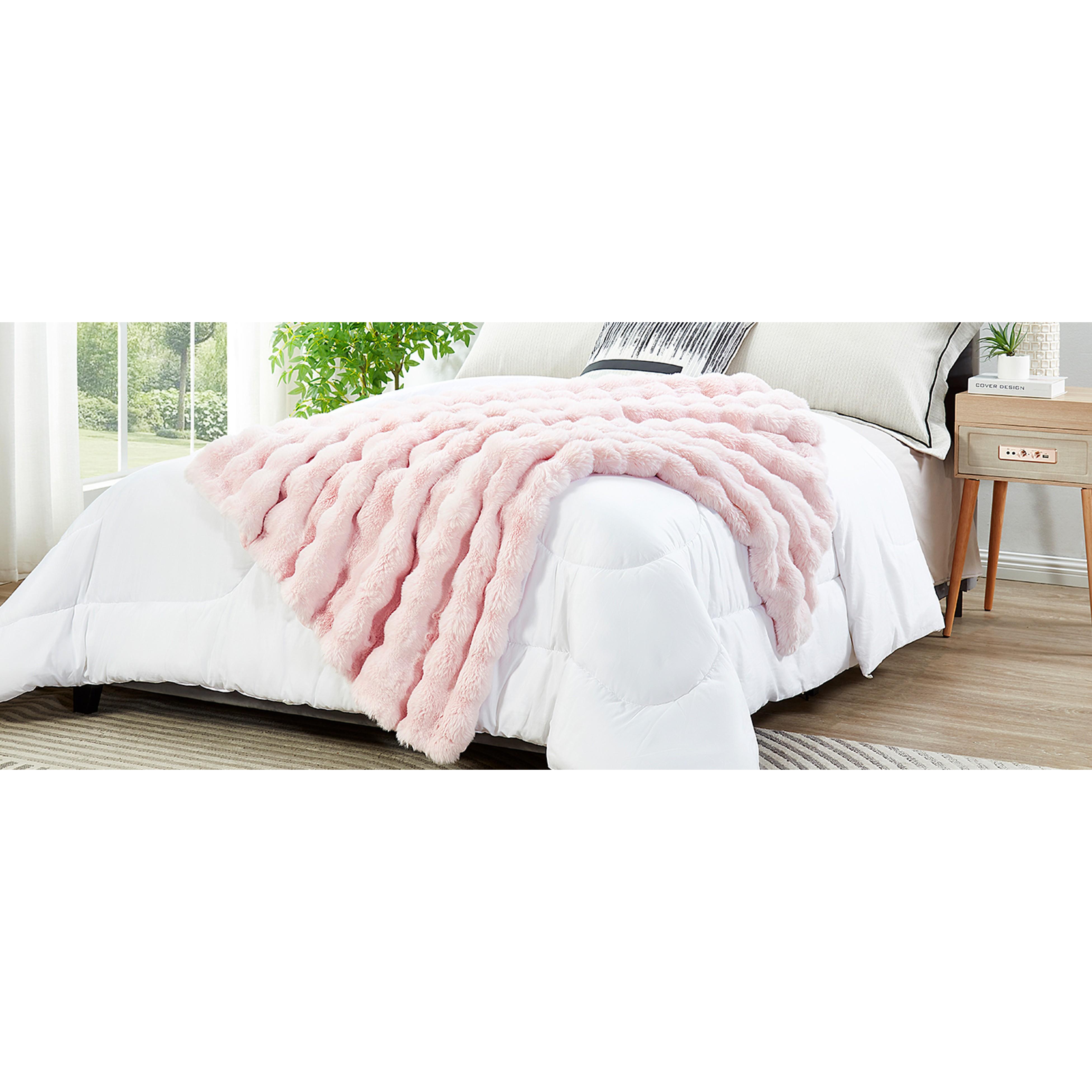 Decorative Soft Fluffy Bubble Faux Rabbit Faux Fur Throw Blanket 50" x 60",Reversible Cozy Accent Thick Warm Furry Blankets for Winter,Lovely Cute Washable Plush Fuzzy Blanket for Women, Pink