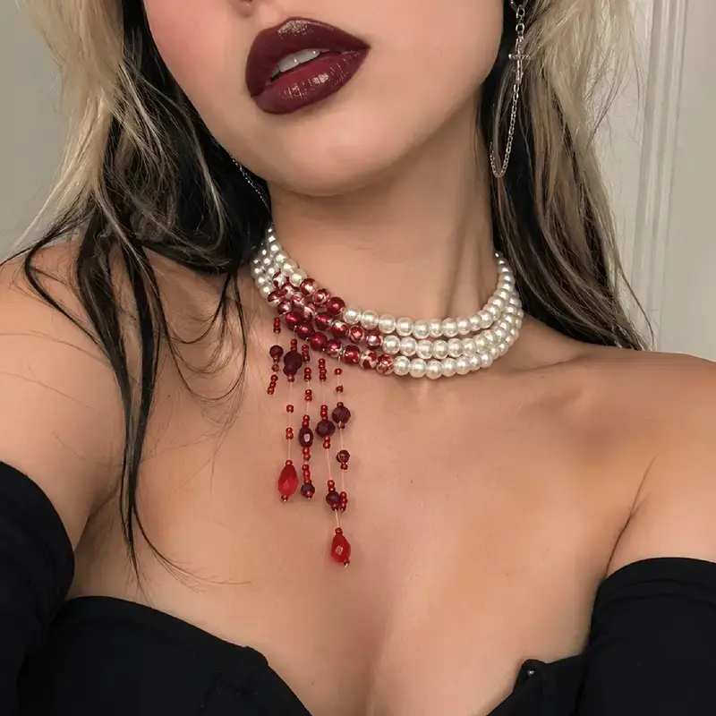 Gothic Necklace for Women, Dark Aesthetic Halloween Jewelry, Multi-Layer Beaded Necklace with Dripping Blood Tassel, Statement Goth Jewelry for Halloween Party, Costume Party, Concert & Night Out