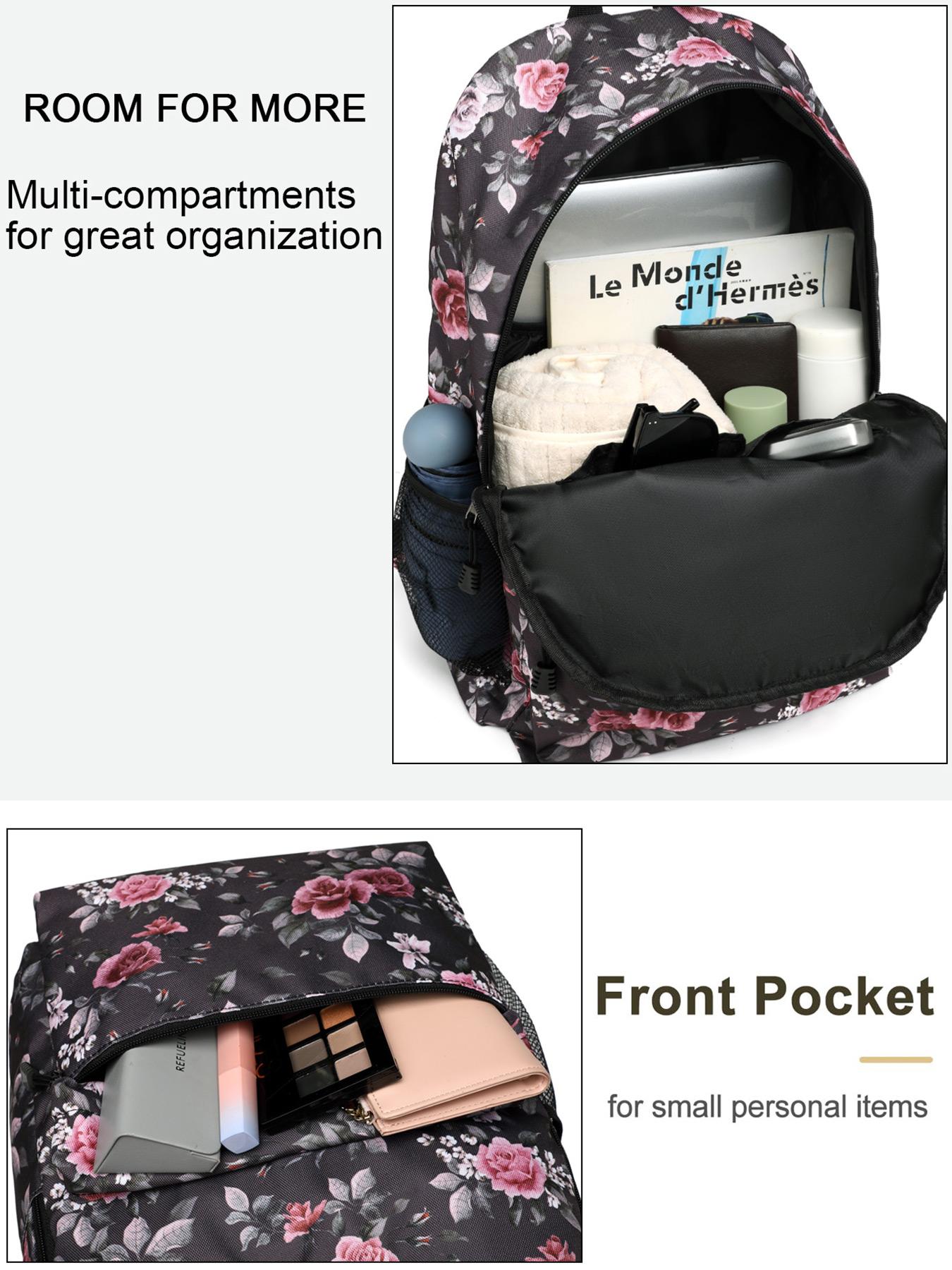 Large Capacity Waterproof School Backpack, Rose Pattern Laptop Bag, Multifunctional Travel Bag for Men & Women, Lightweight College Backpack