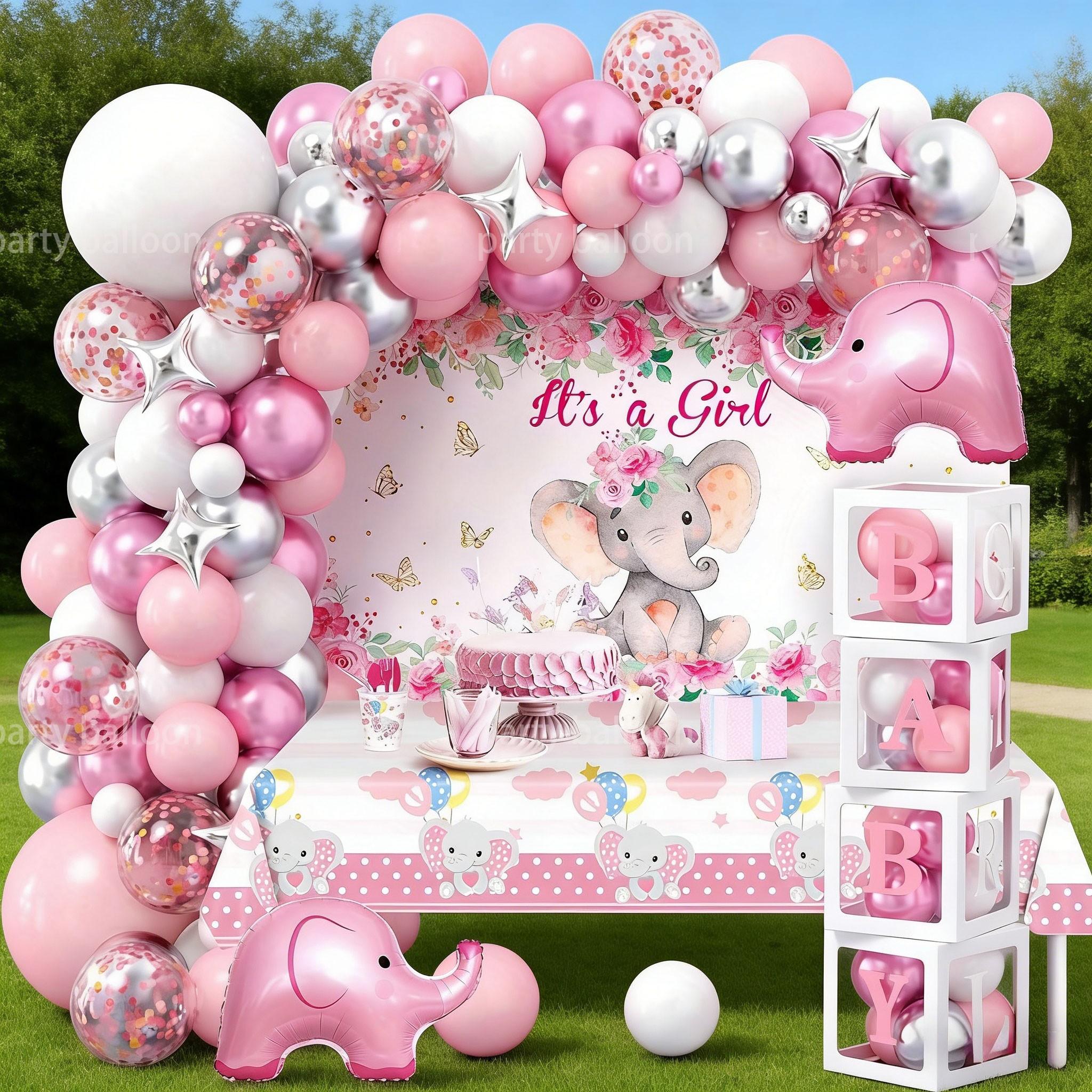 122 Piece Elephant Baby Girl Birthday Party Balloon Set, Bear, Star Aluminum, Latex, Metallic Balloons, Baby Shower Decorations
