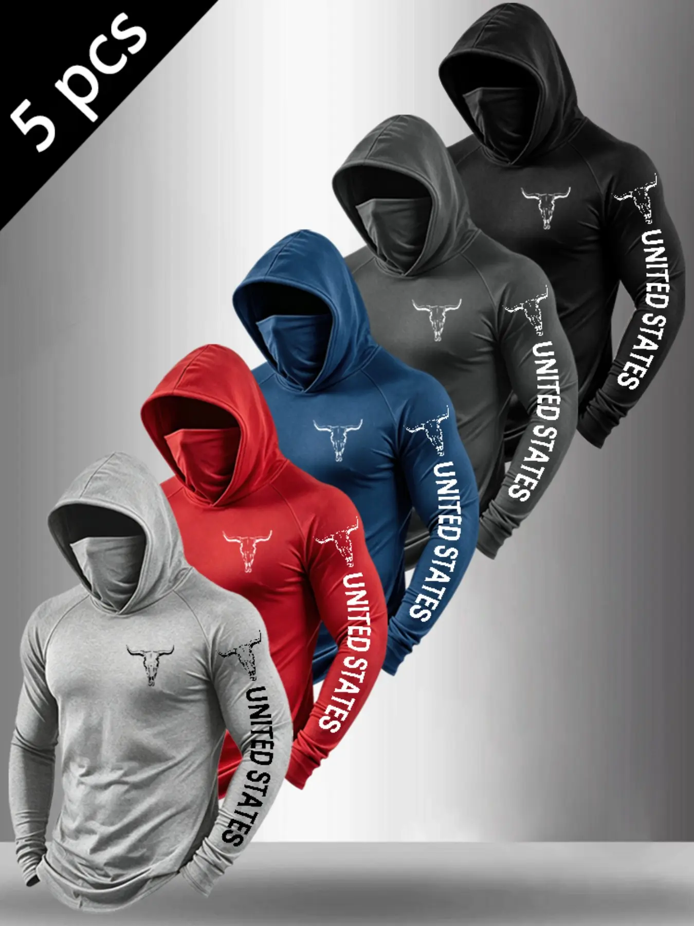 Bestseller Mens 5 Pcs Hooded Mask Integrated Long Sleeve Shirts, Retro Bull Skull Print with Sleeve United States Letter Design Outdoor Workout Tops#MensWorkoutShirt #WesternGraphic #HoodedMaskDesign #TacticalApparel #MensActivewear #TrendyMensClo