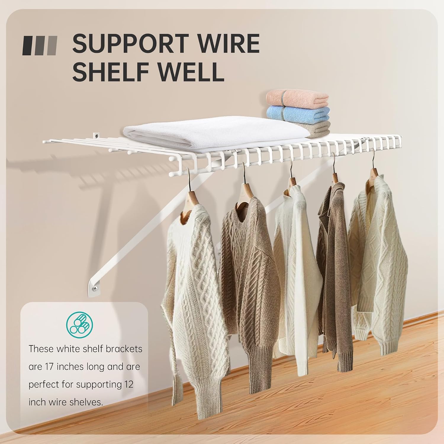2 Pack 12 Inch Wire Shelf Brackets,White Closet Support Bracket with Anchors and Screws,Metal Wire Shelf Brackets Accessories for Closet Wire (Classical, Count, 2)