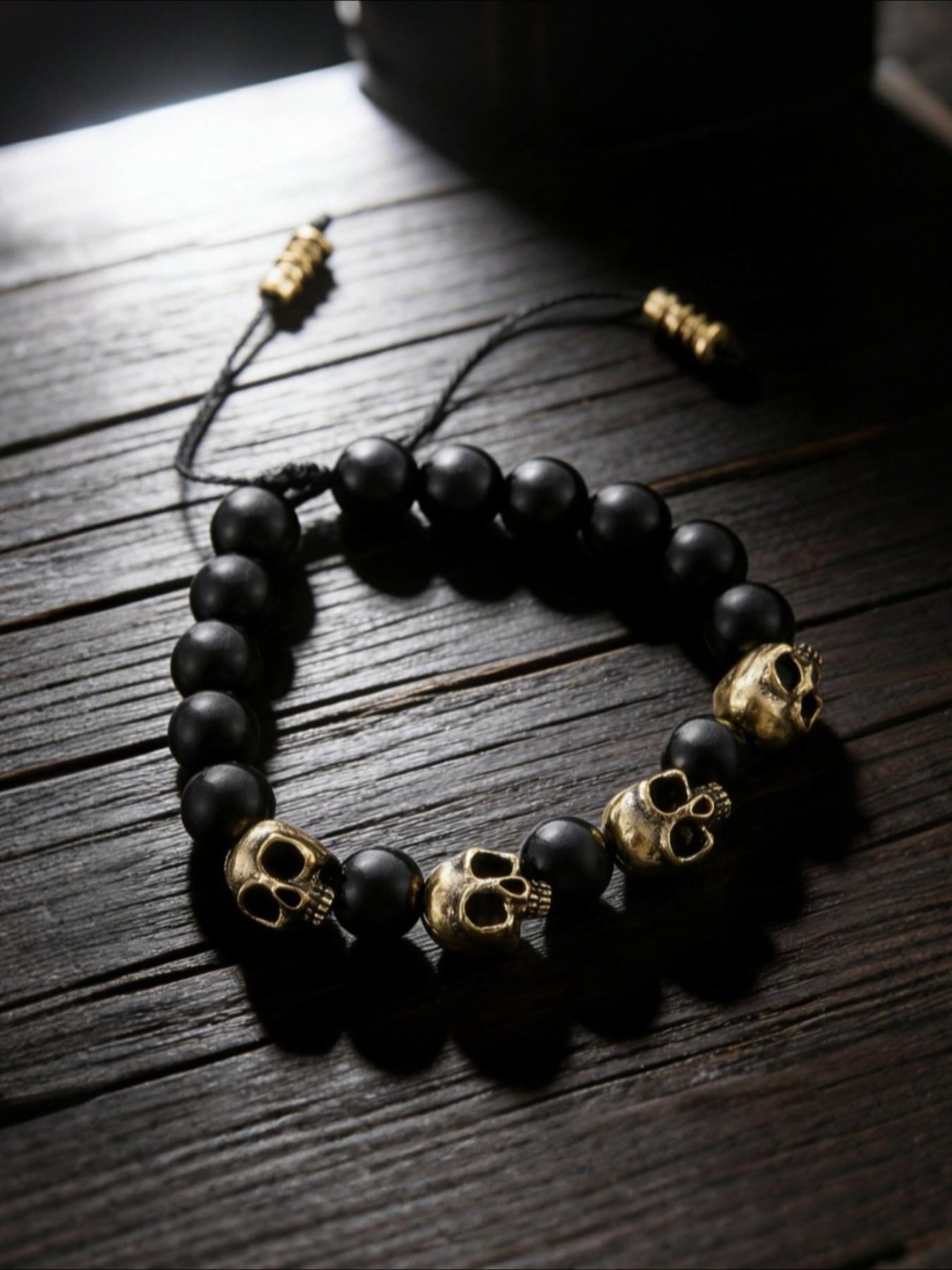 Vintage Gothic Skull Beaded Stretch Adjustable Bracelet, Trendy Punk Men's Party Street Style Personalized Hand Chain