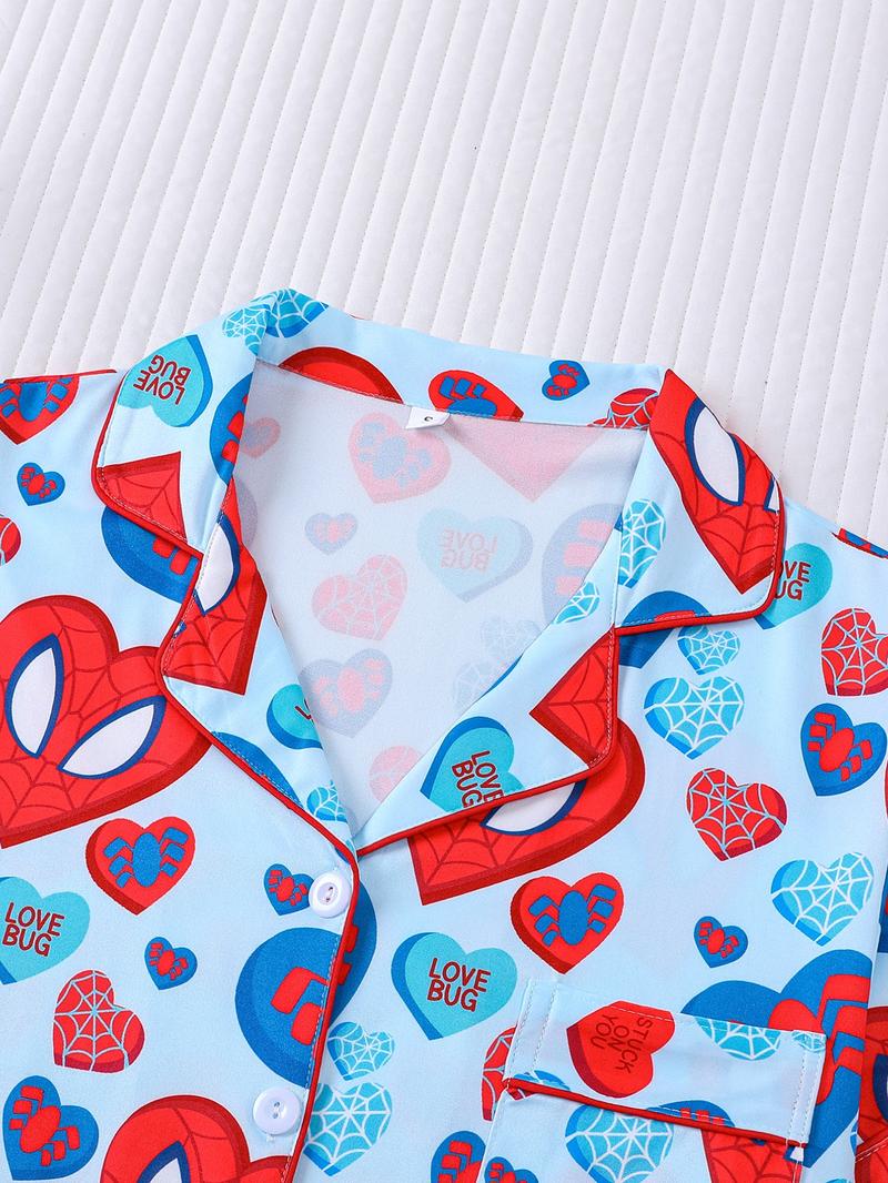 2-piece Valentine's Day Women's Blue Bottom Full of Spider Web Love Spider Love Cartoon Character Pattern Printed Short Sleeve Shorts Soft and Comfortable Top Small Pocket Elastic Waist Head Suitable for Four Seasons Home Daily Casual Pajama Set
