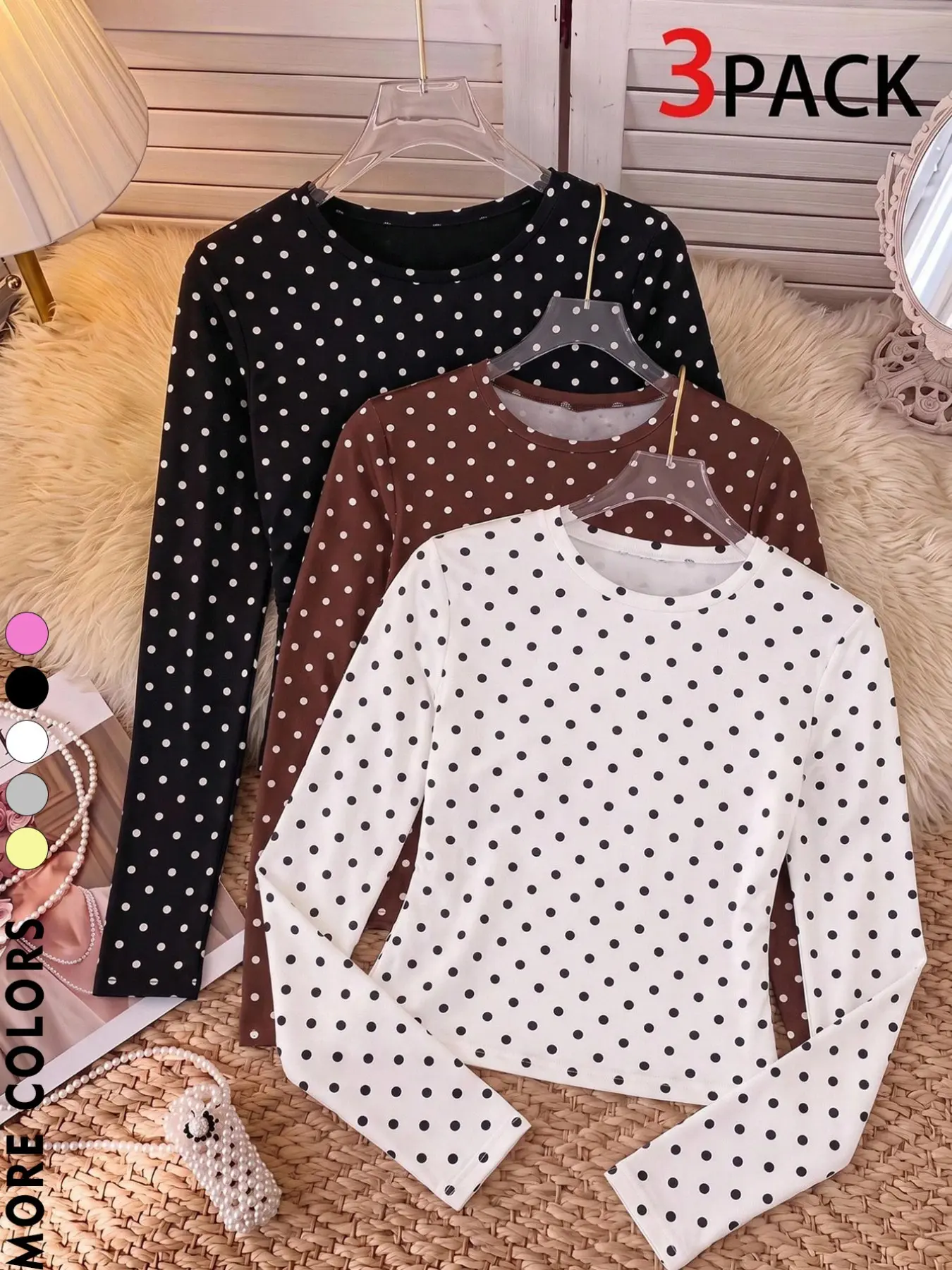 Women's 3-Pack Polka-Dot Long-Sleeve Breathable Tops, Soft Stretchy Crew-Neck Slim-Fit Layering Tees for Casual Wear, Office and Going Out