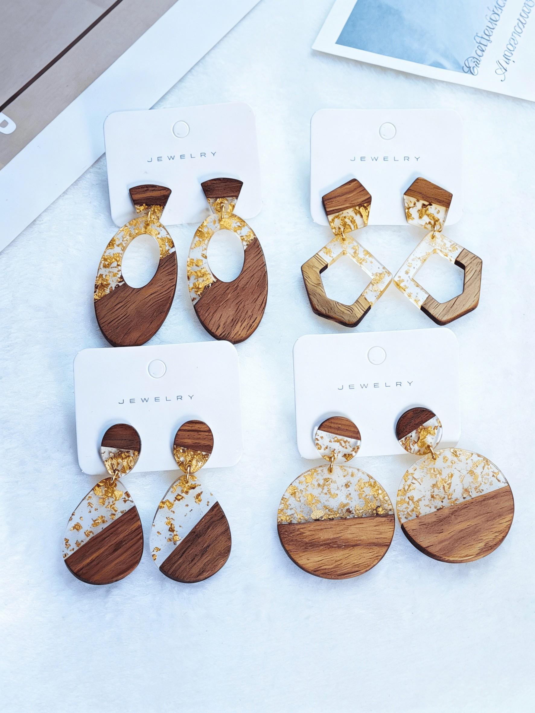 Boho Style Wooden Resin Gold Foil Earrings, Shiny Bling Effect, Natural Wood Ear Studs, Women's Fashion Jewelry, Perfect Gift for All Seasons