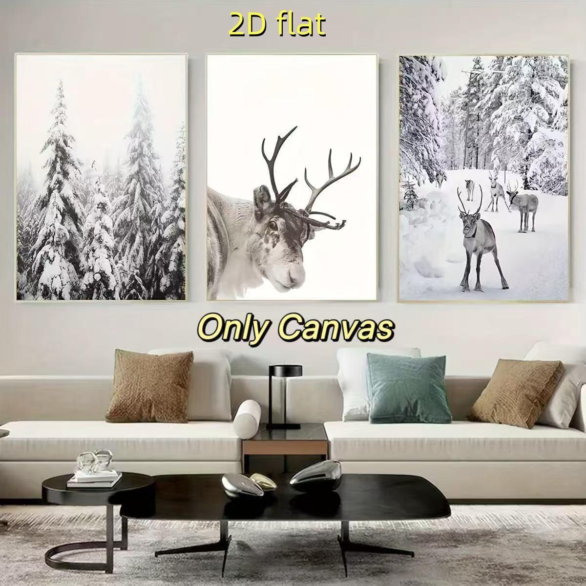 3 reindeer print animal winter canvas posters, Nordic Christmas snow covered trees home decor artwork 2D flat printing frameless painting