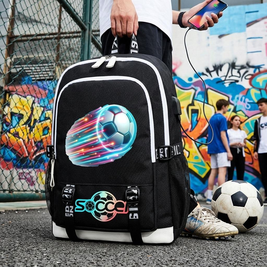 World Cup Soccer Star Print Student Backpack USB Charging Port Breathable Wear Resistant Ergonomic Weight Relief School Bag Large Capacity Laptop Backpack For Boys Girls School Travel Daily Commute Sturdy Construction